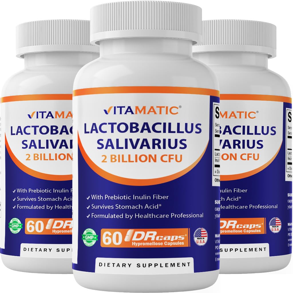Vitamatic Lactobacillus Salivarius 2 miliardi per DR Capsule - 60 conte - Supporto digestivo - Realizzato con fibra di Inulina Prebiotica (3 bottiglie)