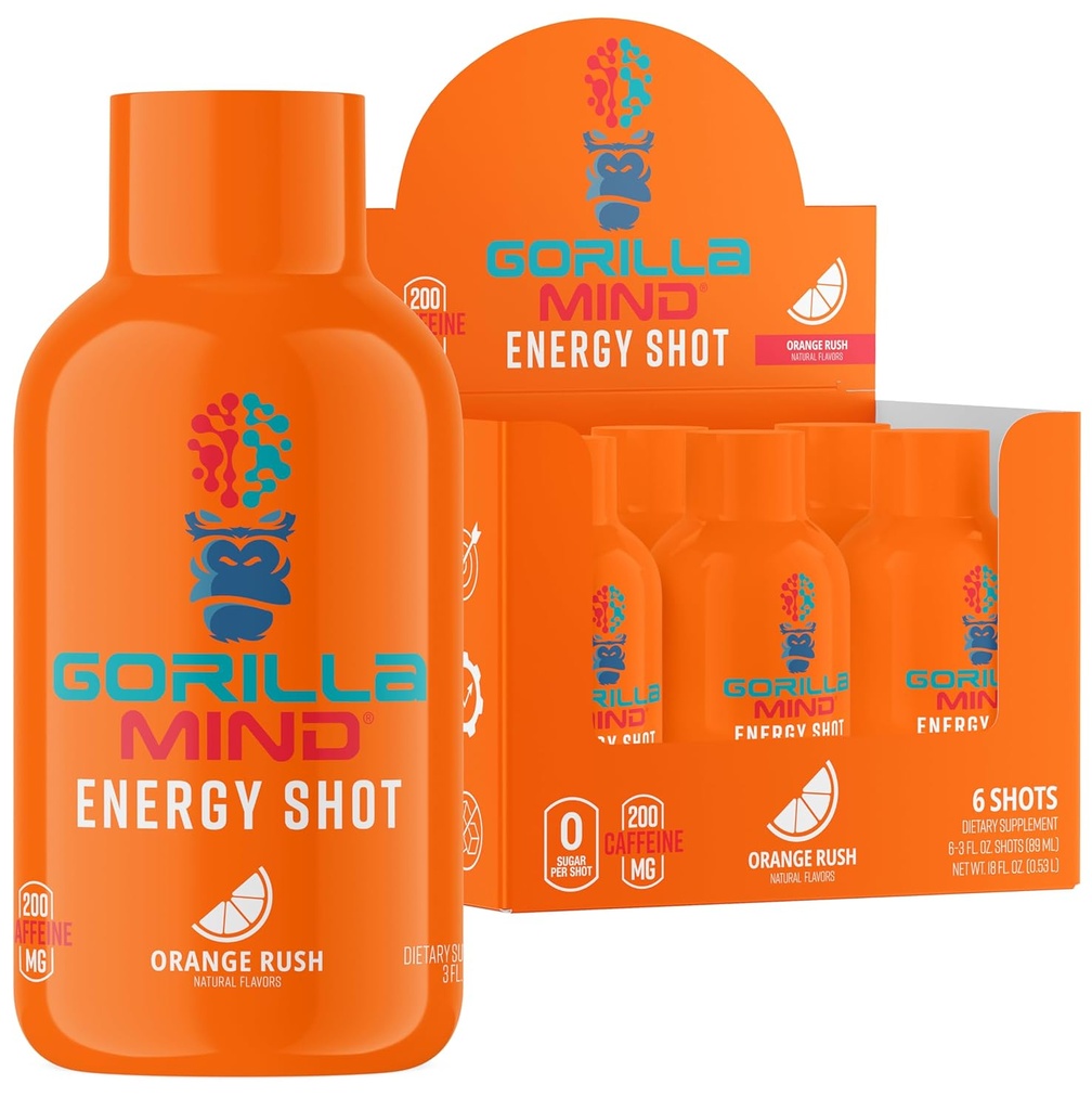 Gorilla Mode Energy Shots (6-Pack) - Shot di energia per potenziare il fuoco e l'energia, senza zucchero, veloce azione, potente formula con vitamine e estratti naturali (rossa arancione)