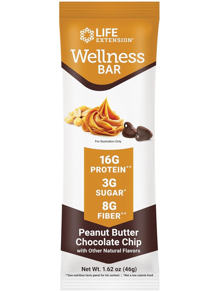 Bar benessere di estensione di vita (Peanut Butter Chocolate Chip) – 16 g di proteine, 8 g di fibre, 3 g di zucchero – Cacao Chocolate Chips, Whey Protein Isolate Blend – Snack Bar, Gluten-Free – Individualmente