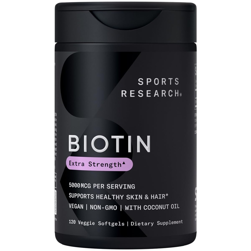 Sport Research® Biotin 5000mcg con olio di cocco biologico - Biotina (Vitamina B7) per la pelle sana e il supporto dei capelli* - per le donne e gli uomini - Vegan, Non OGM, Gluten & Soy-Free - 120 Veggie Softgels