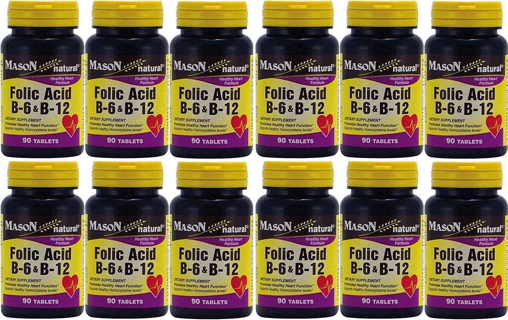 Mason Vitamins Folic Acid B-6 & B12 Heart Health Formula 90 compresse per confezione bottiglia di 12 Totale 1080 compresse