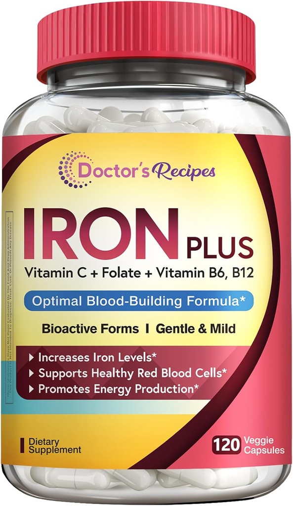 Supplemento di ferro delle ricette del medico per gli uomini delle donne - Bisglycinate di ferro di Gentle con vitamina C, B6, Folate & B12 - Pillole di ferro non-constipante & Stomach Friendly per il supporto di sangue & energia, 120 tappi vegani