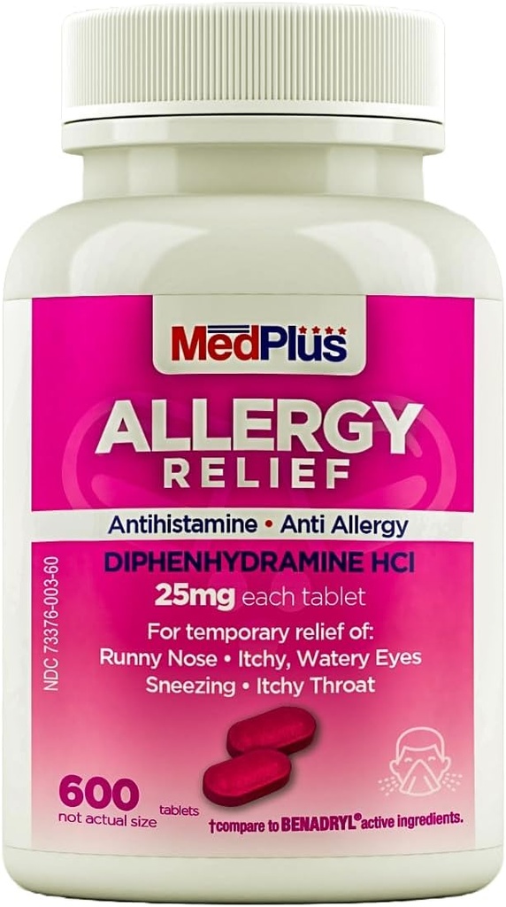 MedPlus Allergy Relief Medicine, 25 mg, 600 compresse | Diphenhydramine Hcl | Antihistamine | Rilievo per Allergie Indoor & Outdoor, Rosa