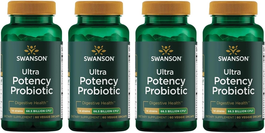 Swanson Ultra Potency Probiotic Digestive Health Immune System Support 66 miliardi CFU Prebiotic NutraFlora scFOS 60 DRcaps Veggie Capsules (Caps) (4 Pack)