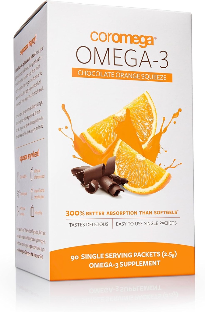 Coromega Omega 3 Fish Oil Supplement, 650mg di Omega-3 con 3X Migliore assorbimento di Softgels, Cioccolato Arancio Sapore, 90 Single Serve Squeeze Packets
