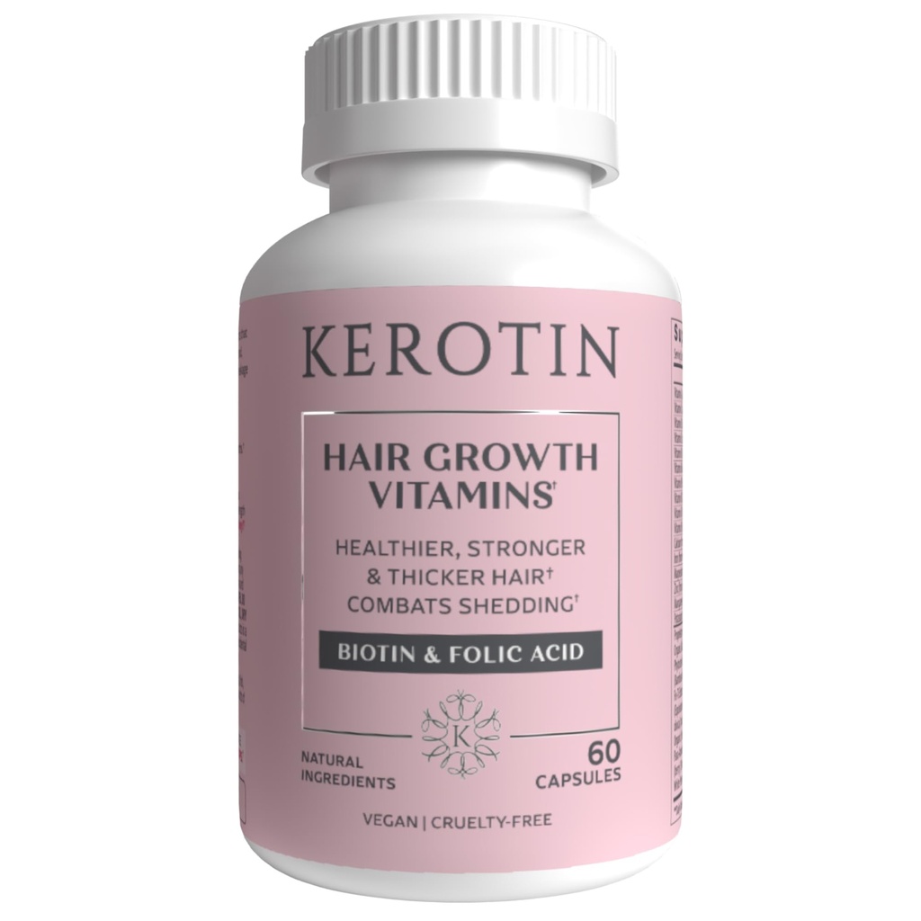 Vitamine di crescita dei capelli di Kerotin, Integratore di Biotina, Blocco DHT, Stimolatore di collagene, per il supporto per la perdita dei capelli, Cura delle unghie e della pelle, Include Palmetto di sega, Vitamina D3 & More - 60 pillole (1 Mese di alimentazione)