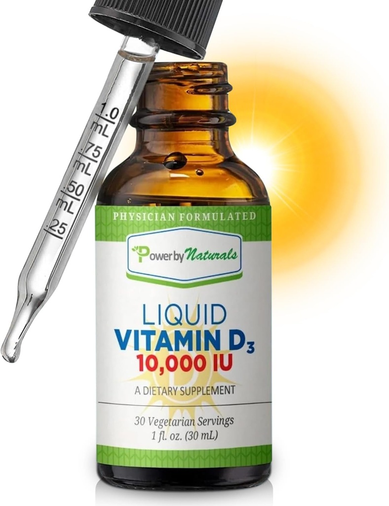 Potenza per i naturali Vitamina D3 Gocce liquide 10000 IU - Vitamina D3 ad alta potenza per il supporto per la resistenza e l'immunità degli adulti - Gluten-Free, Non OGM, Vitamina senza zucchero - Aroma arancione, 1 fl Oz (30 Servings)