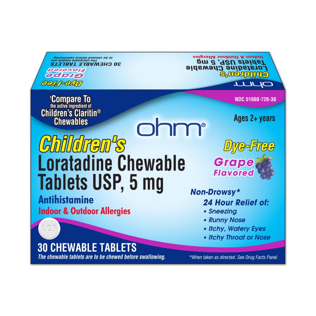 Ohm Tavoli per bambini Loratadine Allergy Chewable - Dye Free, Uva Flavor, Non-Drowsy 24 Hour Relief, Antihistamine per Indoor & Outdoor Allergies - 30 compresse