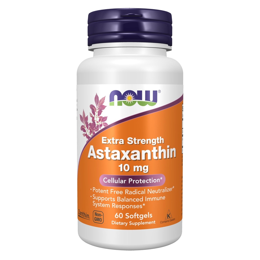 NOW Integratori alimentari, Astaxanthin 10mg, Extra Forza, derivato da Non-GMO Haematococcus Pluvialis Microalgae e ha naturale che si verifica Lutein, Canthaxanthin e Beta-Carotene, 60 Softgels