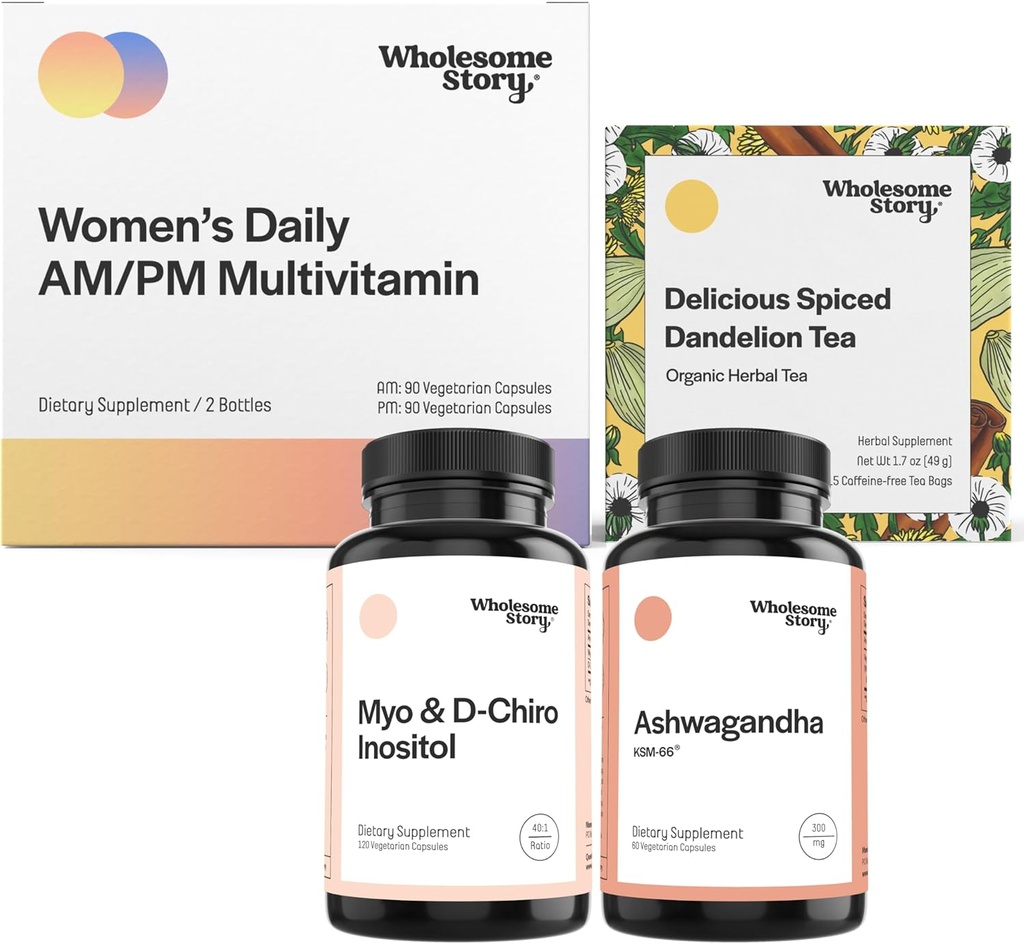 Bundle | Myo Inositol & D Chiro Inositol | KSM 66 Ashwagandha Integratori | Premium Biodisponibili Multivitaminici giornalieri per le donne con ferro e follia | Tè di radice arrosto organico