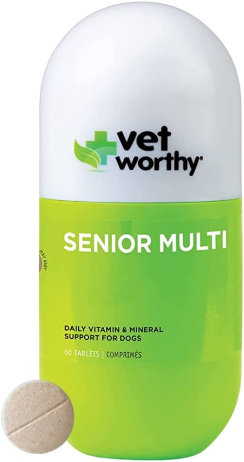 Vet Worthy Senior Multivitamin Chewable for Dogs - Antiossidanti e supporto nutrizionale - Supporto giornaliero - Vitamine essenziali, Minerali, & Enzimi- Liver Flavor Chewable for Dogs - 60 compresse
