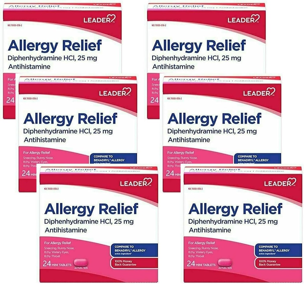Leader Antistamina Allergy Relief Difenidramina HCl, 25mg Mini Tablet, 24 Count Pack di 6