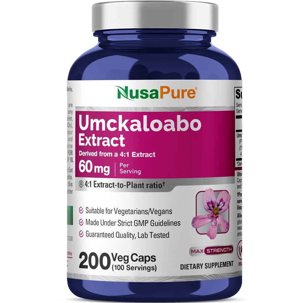 NusaPure Umckaloabo 4:1 estratto, 60 mg Equivalente a 240 mg Veggie Caps 200 conte (non OGM, Vegan)
