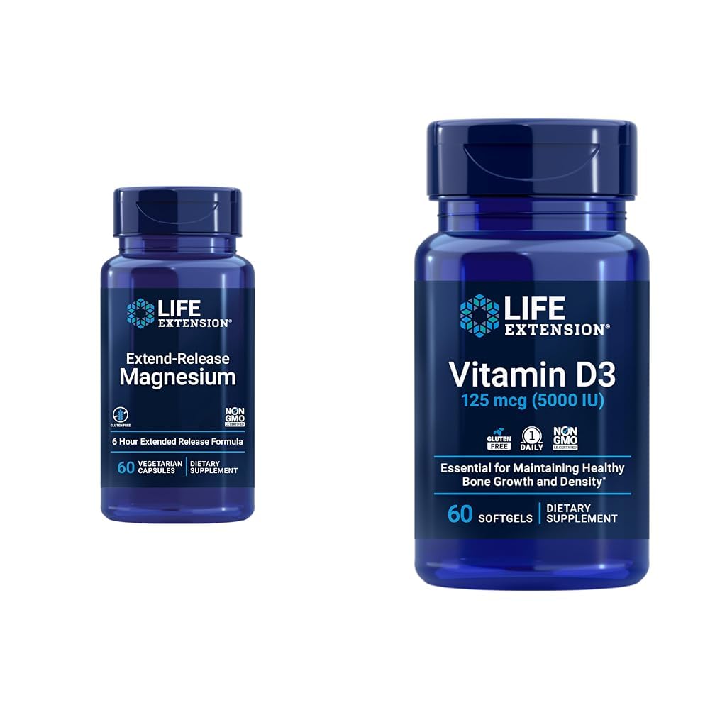Estensione di vita Extend-Release Magnesium Prolonged Health Support & Vitamina D3 5000 IU 125 mcg Bone, Cervello & Immune Salute - 60 capsule & 60 Softgels