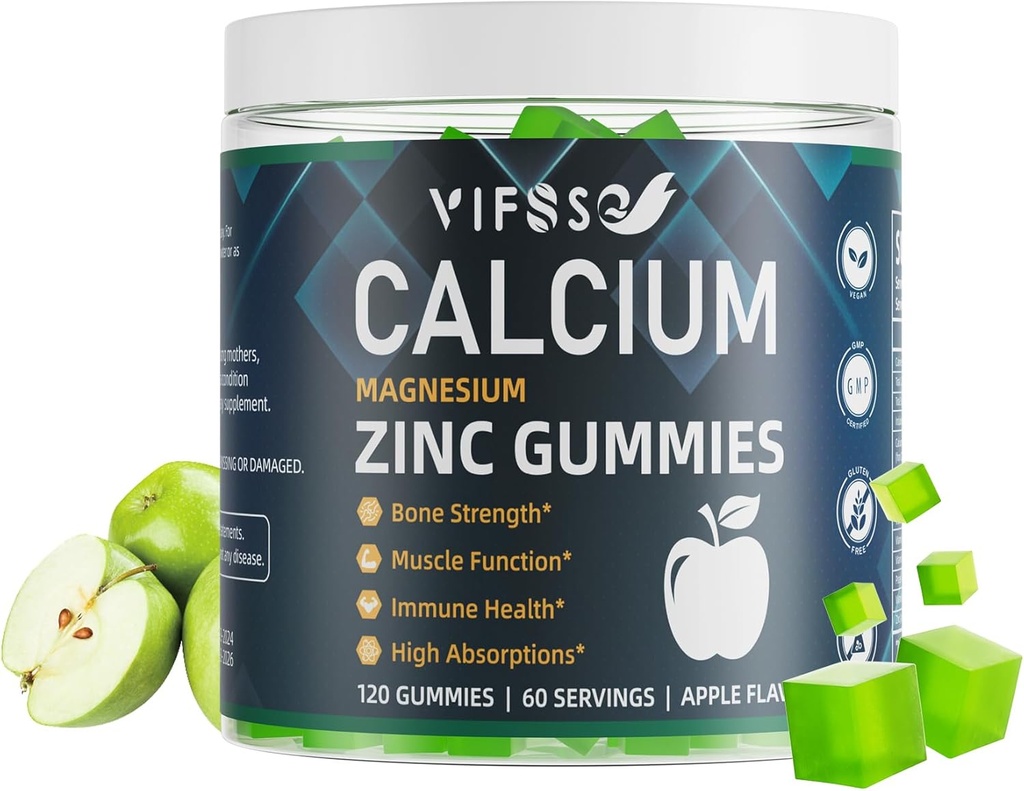 Calcium Magnesio Zinc Gummies 600mg con vitamina D3 K2, 120 Gummies Pianta Basato Zucchero-Free Calcium Gummies High Absorption Complex Calcium Supplemento 70+ Trace Minerals for Bone Strength, Vegan