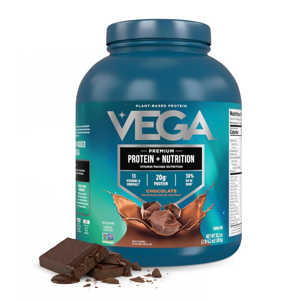 Vega Proteine + Nutrizione - 20g Proteine di Pea Basata sulle piante, Cioccolato, 30 Serve, Vegan Keto Superfood, Antiossidante-Rich, Senza glutine, Latticini, Carburo basso, 2.4lbs (Packaging May Vary)