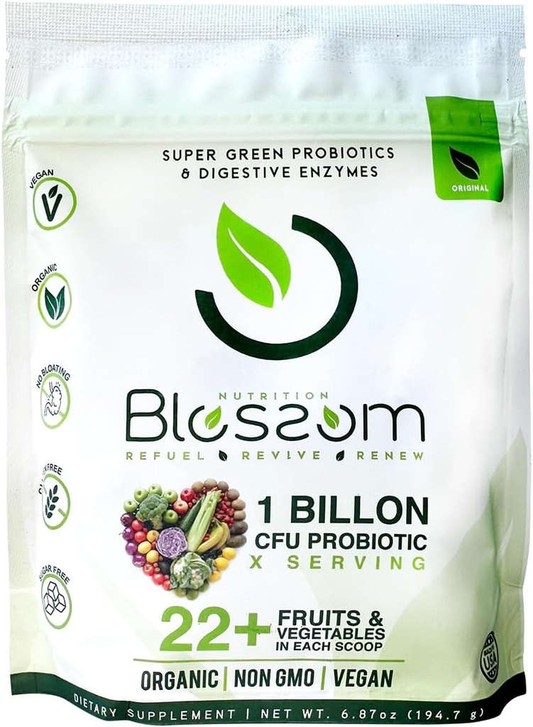 Blossom SuperGreens Probiotici – Enzimi Digestivi con Pre/ProBiotici per Bloating Relief – 30+ SuperGreens & SuperReds per aumentare l'energia – Organica, senza glutine, senza fibra, 0g Zucchero (Lemon Citrus)