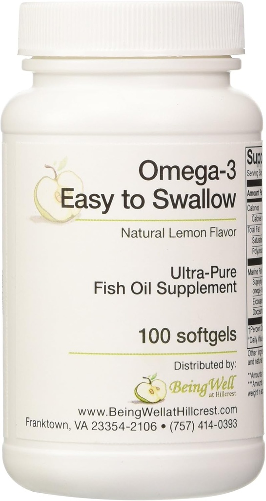 Omega-3 'Easy to Swallow' Ultra-pure Fish Oil Supplemento naturale limone Flavor 100 Softgels