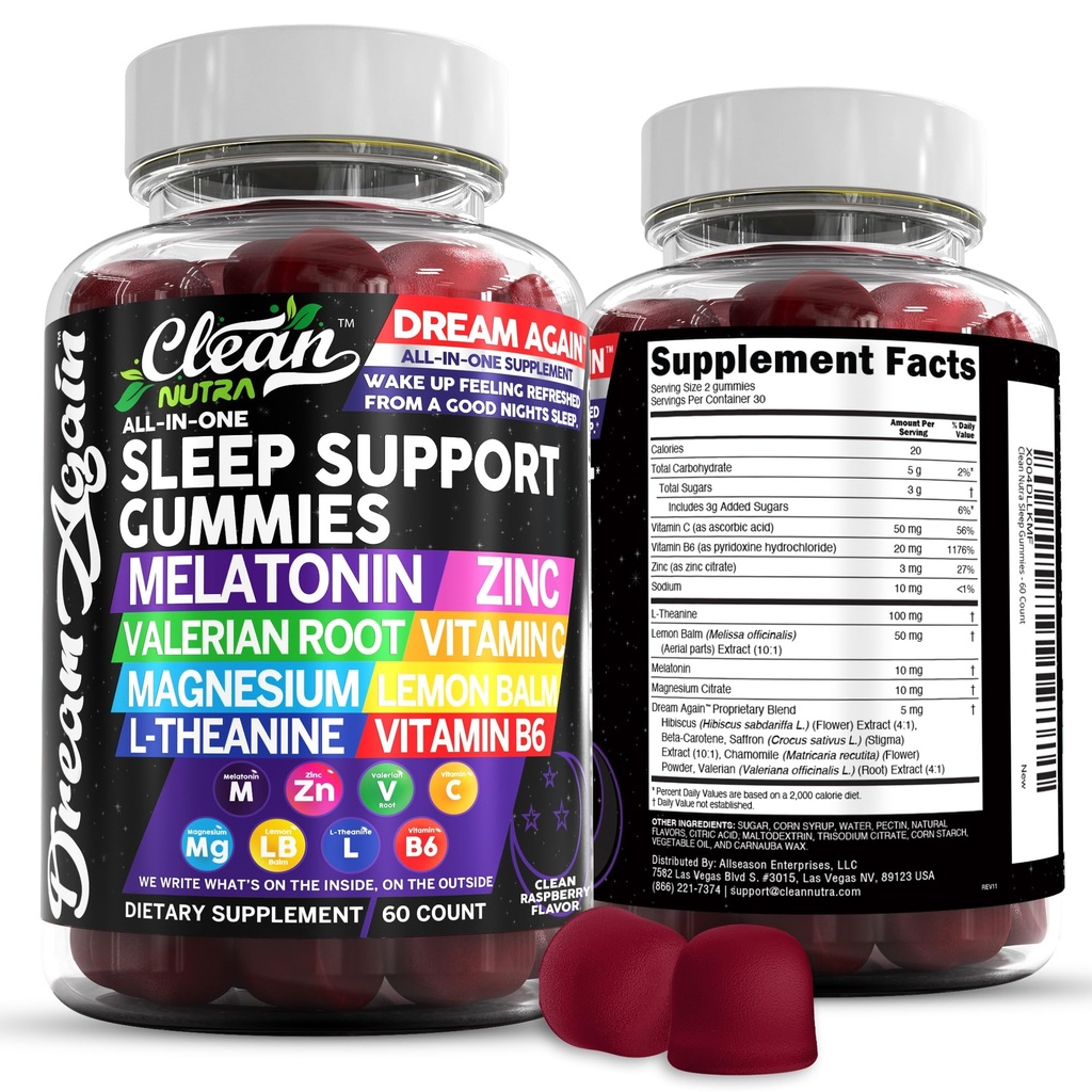 Clean Nutra Melatonin Gummies 10mg | Sleep Aid Valerian Root L-teanina Vitamina B6 C Lemon Balm Magnesium Hibiscus Beta Carotene Saffron & Chamomile Rest Support Supplemento Raspberry Flavor