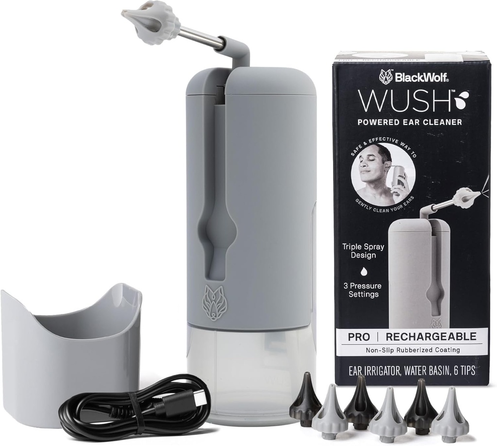 Wush Pro di Black Wolf - The Original Deluxe Water Powered Ear Cleaner con 6 Punte di ricambio riutilizzabili di Black Wolf - Sicuro ed efficace per la costruzione della cera dell'orecchio - Kit di rimozione della cera dell'orecchio elettrico (Grey)