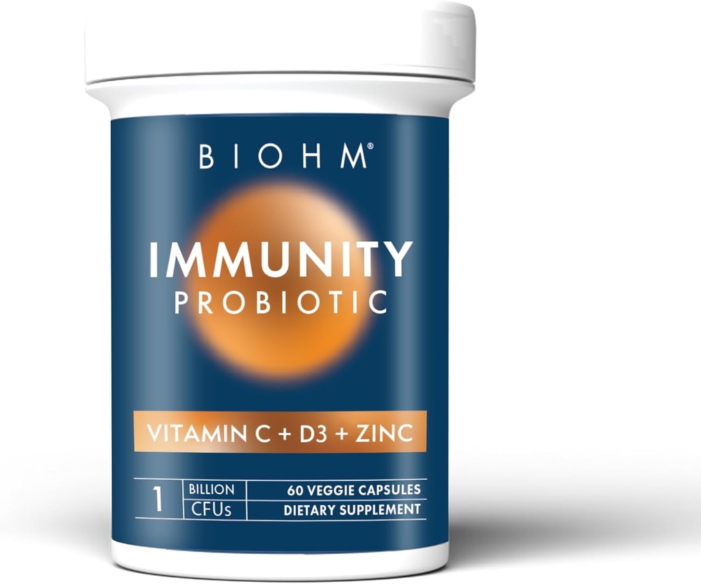 BIOHM Immunity Probiotico con vitamina C, D3 & Zinc, 1 miliardo di CFU (60 capsule) Probiotici giornalieri per le donne e gli uomini, Salute digestiva & supporto immunitario, Vegan, senza glutine e non OGM
