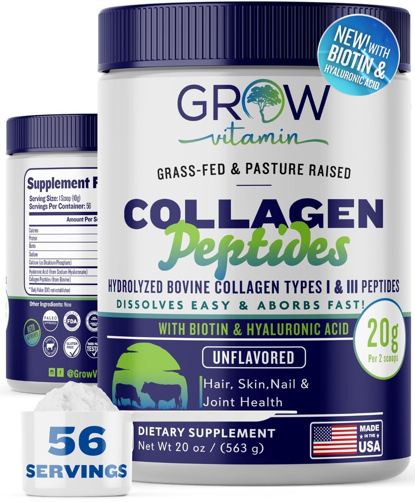 Peptidi di collagene Polvere 20g con acido ialuronico & biotina - Polvere di collagene di erba non aromatizzata con integratori di collagene di tipo I & III idrolizzato - Hair, Nail, Skin & Joint Support - 56 Servings