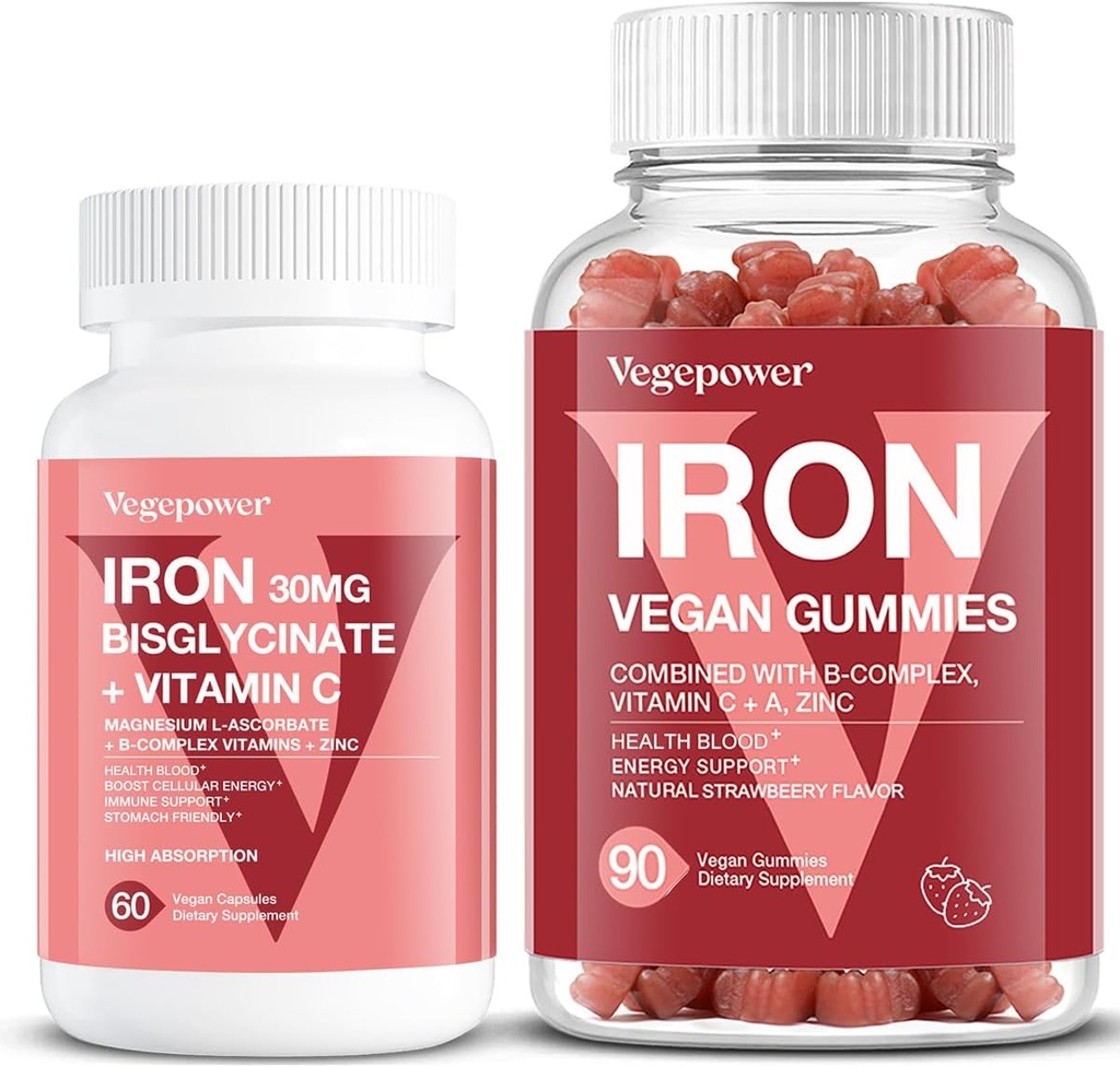 Vegan Iron Gummies Strawberry Plus Iron Bisglycinate 30MG | Supporto supplemento di ferro vegano per il sangue sano & energia quotidiana per adulti & bambini - 90 Conte+60