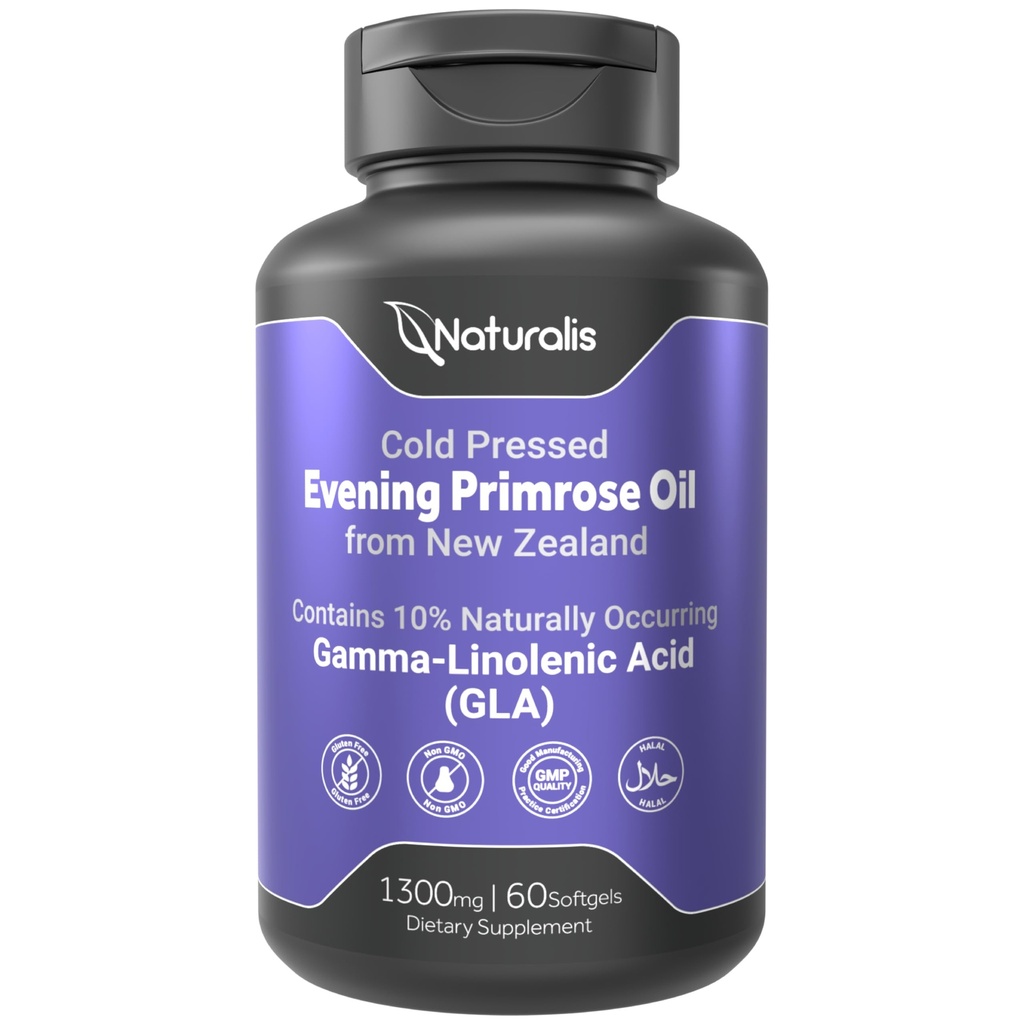 Naturalis Evening Primrose Oil (1300mg) | 100% naturale dalla Nuova Zelanda | Non OGM, Soy & Gluten Free, Zero Filler | 60 Softgels
