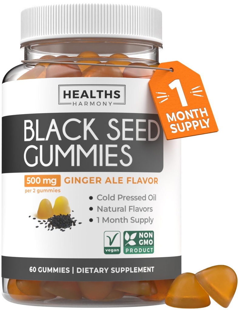 Gummie di olio di semi neri - Natural Ginger Ale Flavor (non OGM & Vegan) Pressed a freddo Nigella Sativa Produrre Pure Black Cumin Seed Oil - 500mg Per 2 Gummy Serving