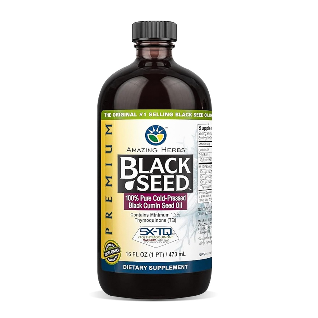 Sorprendente erbe Premium Black Seed Oil - Prematura a freddo Nigella Sativa Aids in salute digestiva, Supporto immunitario, Funzione cerebrale, Mobilità congiunta, Senza glutine, Non OGM - 16 Fl Oz
