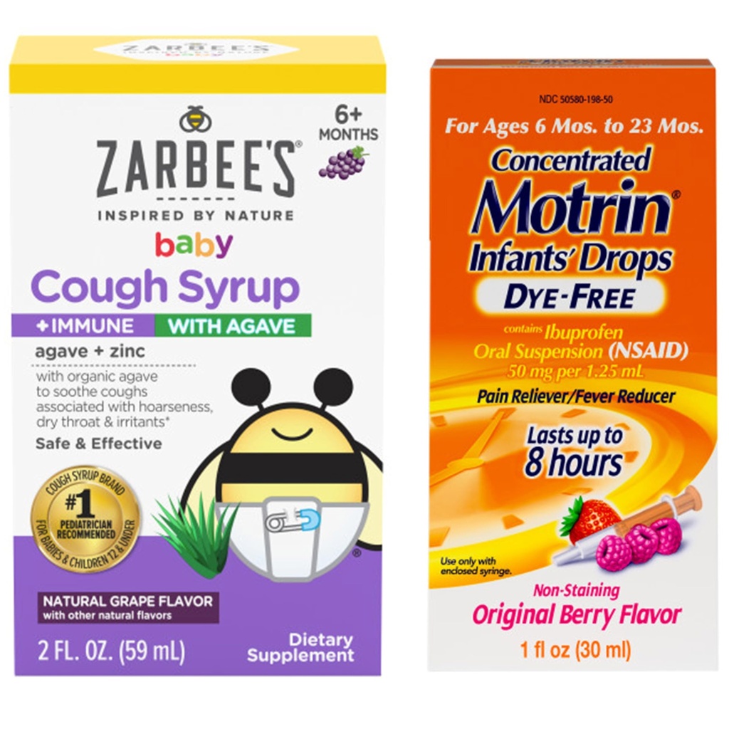 Motrin e Zarbee’s Essentials for Infants' Concentrated Liquid Medicine Drops with Ibuprofen and Zarbee's Baby Coughⱡ Syrup + Immune with Organic Agave + Zinc