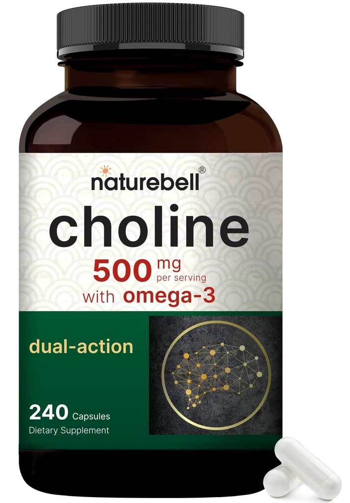 NatureBell Choline Integra 500 mg con gli acidi grassi Omega-3, 240 capsule | Bitartrate coline ad alta potenza – supporto prenatale durante la gravidanza – promuove energia, fegato, cervello e salute cognitiva