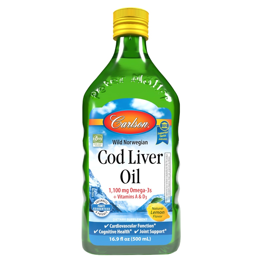 Carlson - Cod Liver Oil 1100 mg Omega-3s Plus Vitamine A & D3, Wild Caught Norwegian Arctic, Sustainably Sourced Nordic Fish Oil Liquid, Lemon, 500 mL (16.9 Fl Oz)
