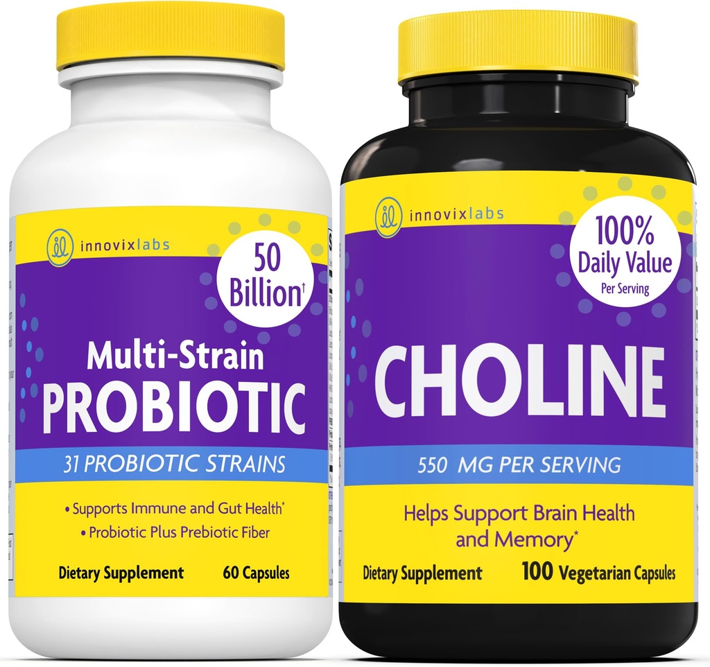 InnovixLabs Choline & Multi Probiotic Bundle Choline Bitartrate 550mg (100 capsule) Multi Strain Probiotics (60 capsule). Supporta la memoria, l'umore, la salute del cervello & Boost cognitivo.*