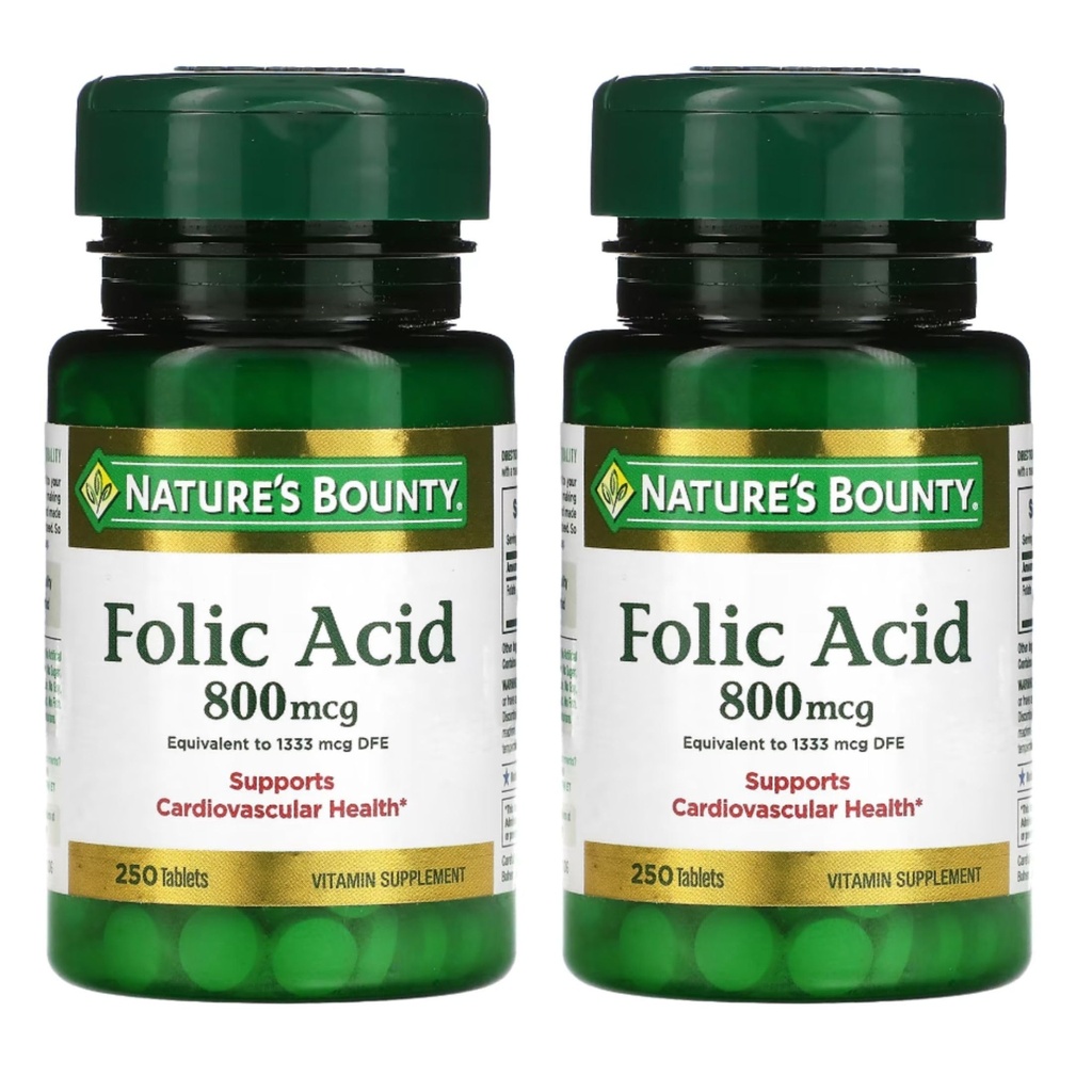 Acido Folico Bounty della natura 800 mcg Supplemento di vitamina Massima resistenza - 250 compresse, Confezione da 2
