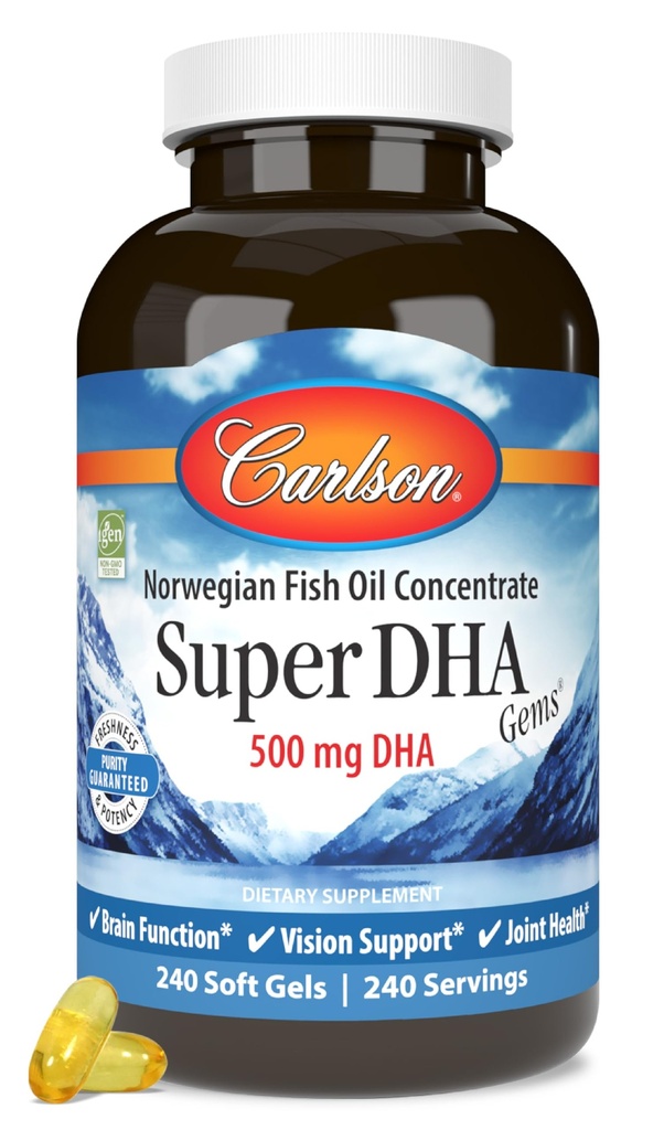 Carlson Super DHA Gems - 500 mg DHA Supplementi, 640 mg acidi grassi, Concentrato di olio di pesce norvegese, Wild-Caught, capsule di olio di pesce a base sostenibile, 240 Softgels
