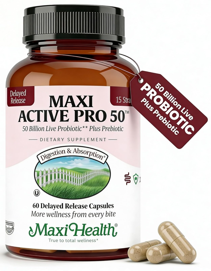 Maxi Health Probiotic Plus Ultimate Prebiotic Advanced Probiotics Formula - 50 miliardi di Probiotici Live Active - 15 Strains - Ultra Protection - Active Pro-50-60 Count