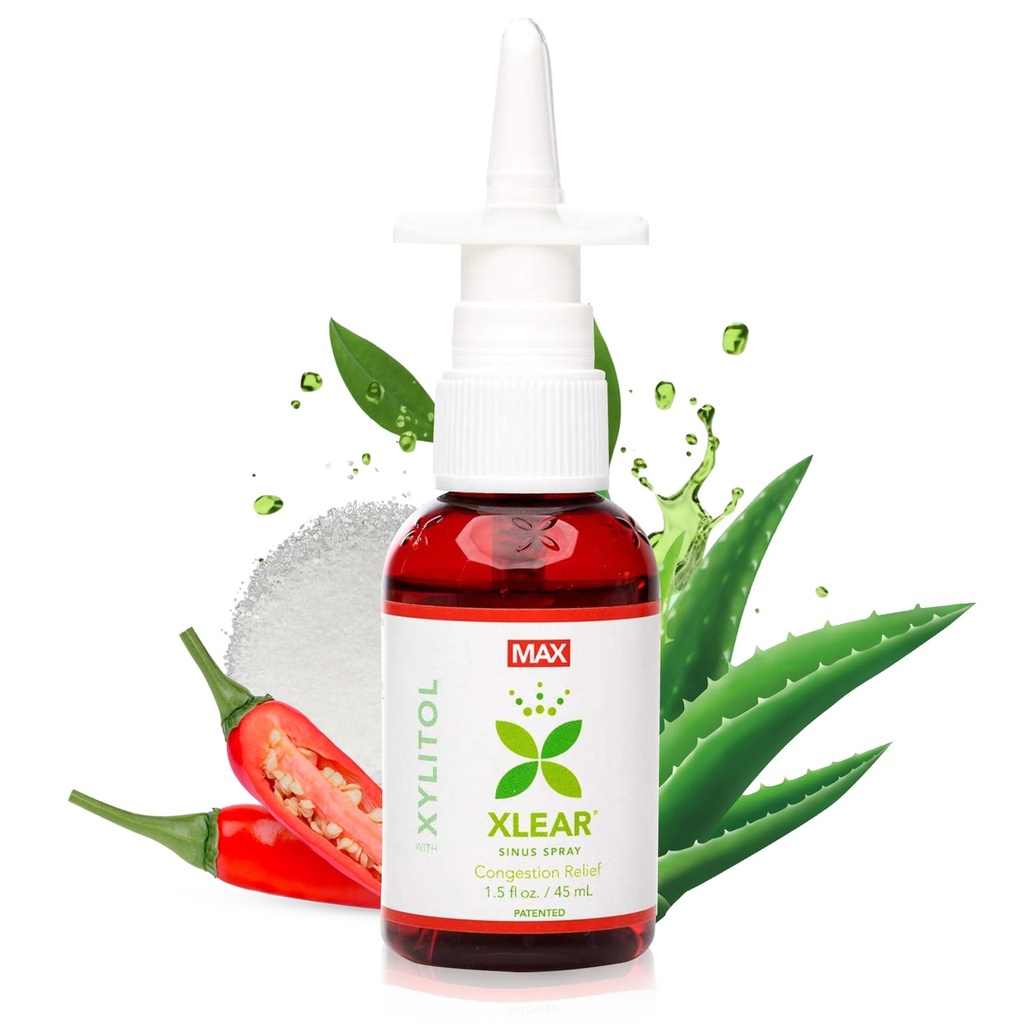 Xlear MAX Natural Xylitol Saline Nasal Spray con Capsicum e Aloe - Attivo rapido per la pressione del seno, Decongestant, Headache, Naso secco, 1,5 fl oz (Pack of 1)