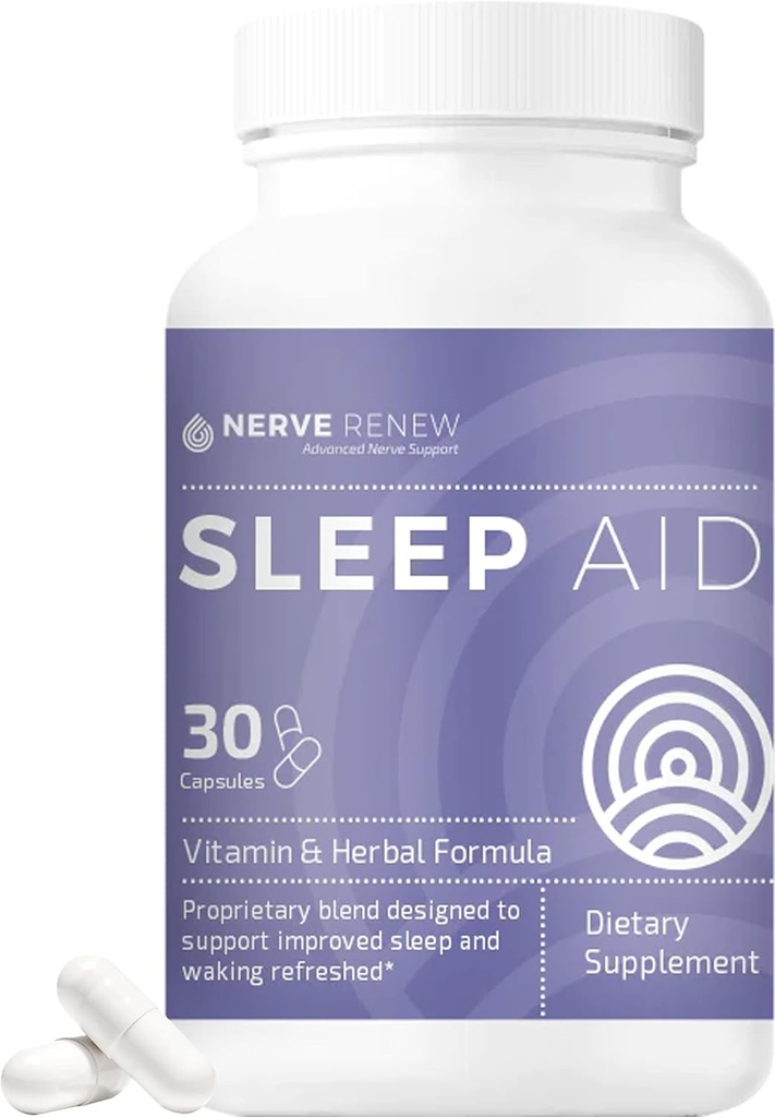 NERVE RENEW Sleep Aid - Integratore alimentare per un sonno migliore - 30 capsule - funziona velocemente - Gentle All-Natural Herbal e Vitamin Formula con Melatonina, Magnesio, Zinco, Aminoacidi, Estratti di erbe