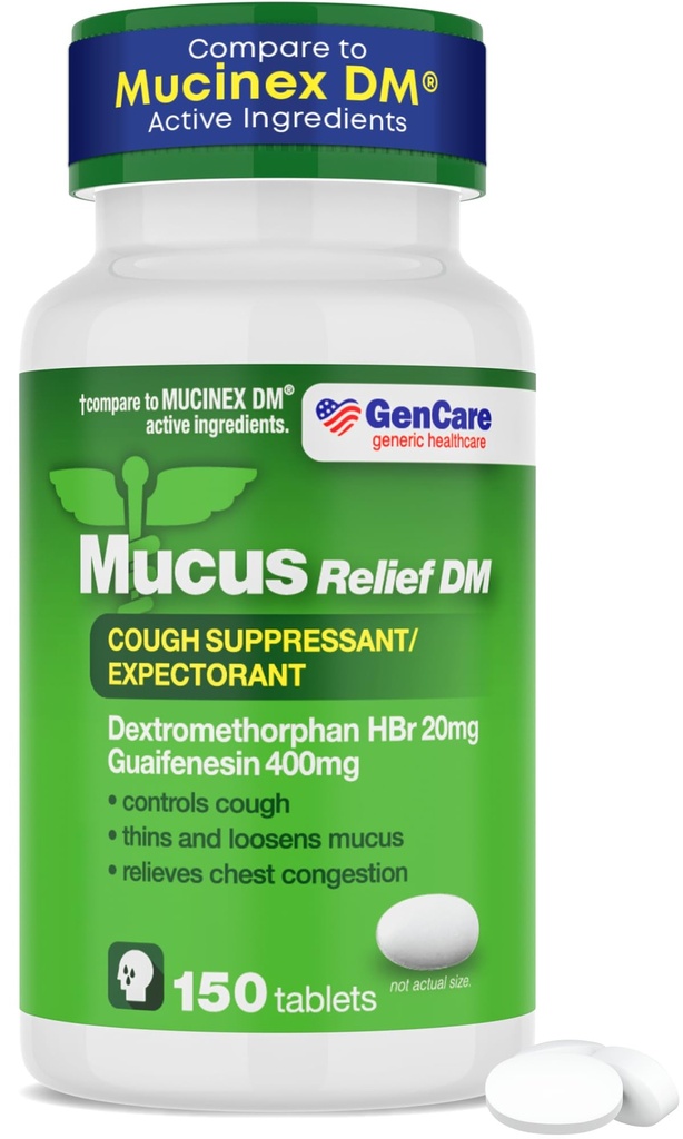 GenCare - Mucus Relief DM (150 Conte Value Bottiglia) Dextromethorphan HBr 20mg Guaifenesin 400mg | Generico Mucus Relief DM | Rilasciare Immediatamente la Tosse non rivestita & Mucus Expectorant Pill