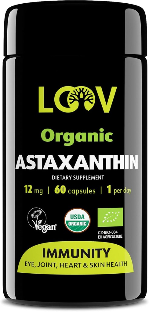 Astaxantina organica naturale di LOOV 12mg – alimentazione di 60 giorni – Antiossidante di massima resistenza – occhio, giunto, pelle, immunità – da Microalgae – Non-GMO, Vegan, sostenibile