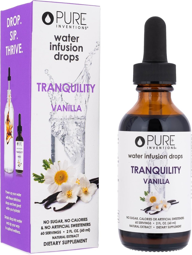 Invenzioni Pure Tranquility - Supporti Rilassamento - Vaniglia e Camomilla - Gocce d'infusione - No Zucchero, Calorie, o Dolci Artificiali - 60 porzioni - 2oz