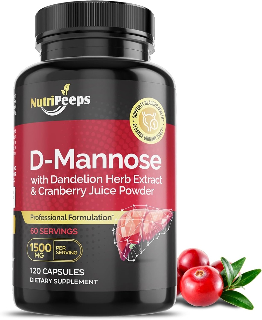 D-Mannose 1500mg, 120 capsule con estratti di erbe e mirtillo di dadelion, pulizia naturale del tratto urinario per il supporto UTI, fluido e disintossicazione delle impurità, per gli uomini e le donne.
