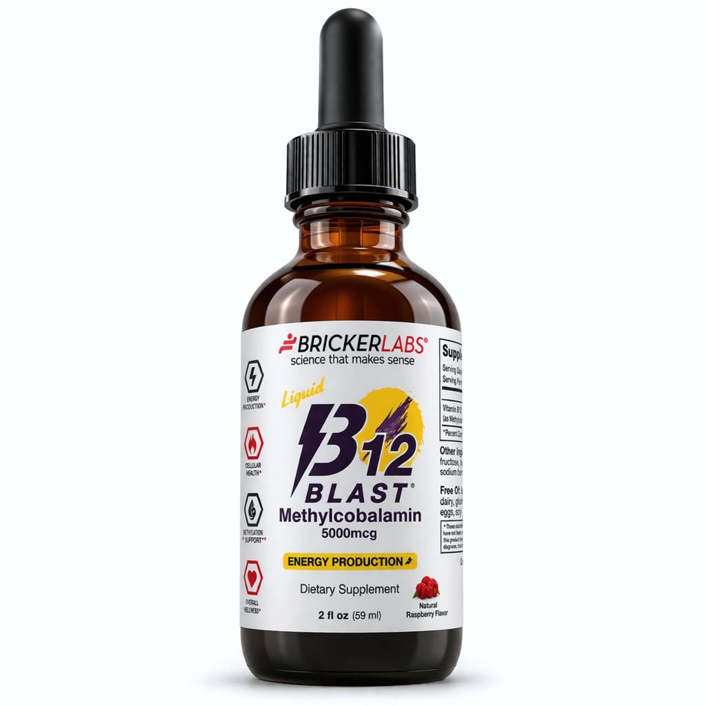 Bricker Labs B12 Blast Methylcobalamin 5000mcg, Great Tasting Sublingual Liquid Energy Vitamins -Vegan B12 Vitamins, Sustain Energy and Cellular Health Supplement - 59-Day Servings