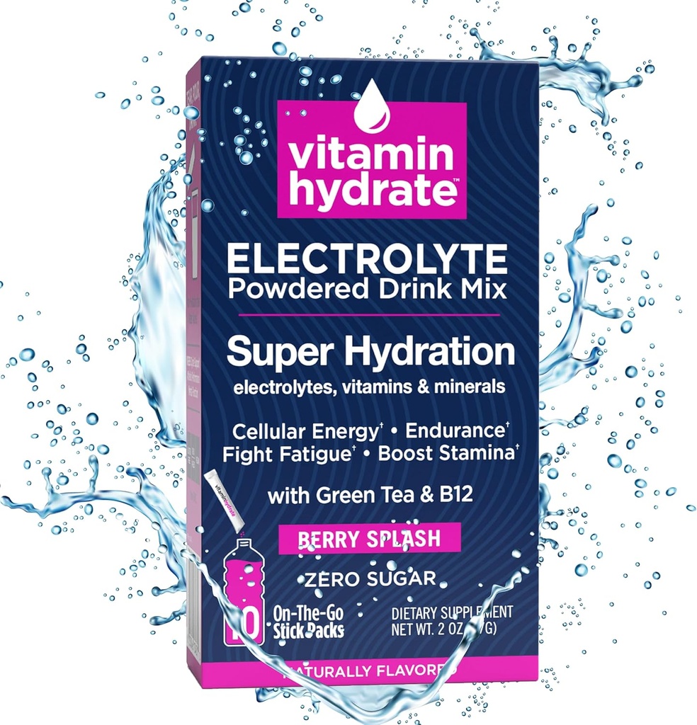 Vitamina Hydrate Electrolyte Powdered Drink Mix, Super Hydration, Boost Stamina & Fights Fatigue, Bursting con Elettroliti, Vitamine & Minerali, 0 Zucchero, Splash di bacche, 10 Stick Pack
