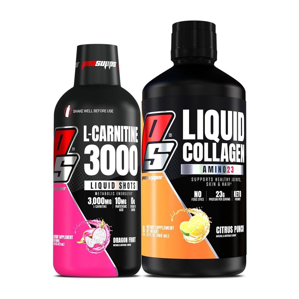 PROSUPPS L-Carnitina 3000 Stimulant Liquid Shots (Dragon Fruit) Amino23 Liquid Collagen Shots (Citrus Punch) Bundle