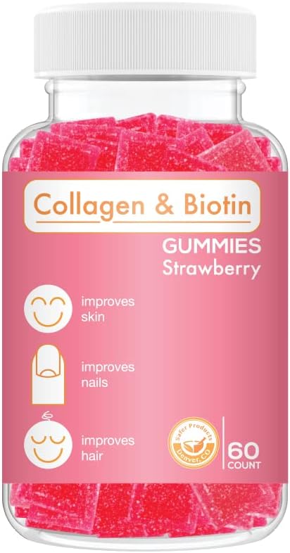 Collagen Biotin Gummies - Supporti Capelli, Pelle & Nails Crescita dei capelli Anti invecchiamento Cura Chewable Gummy Vitamine, Vegan, Non OGM, Gluten Free, Gelatin Strawberry Flavor 60 Conte, Rosa