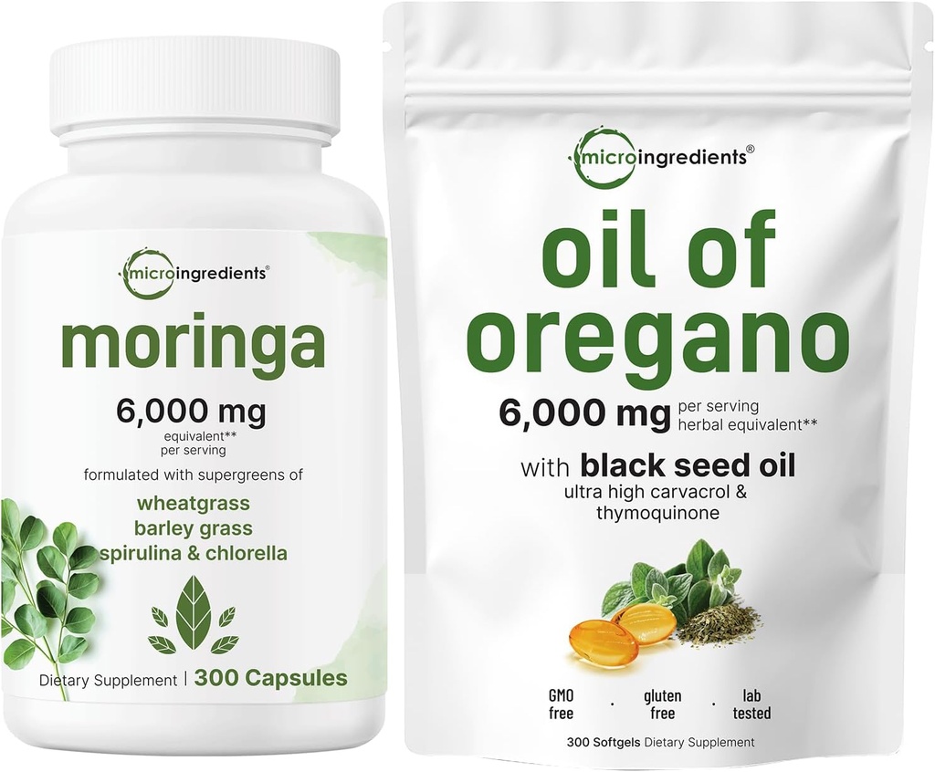 Micro Ingredienti Olio di Oregano Softgels 300 Conta & Moringa Oleifera 6,000mg Equivalente 300 capsule Bundle 2 Pack | Carvacrol & Thymoquinone | Supplemento antiossidante