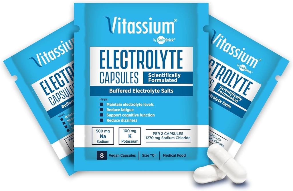 Capsule Vitassium, Elettroliti per la gestione alimentare dei sintomi della sindrome di POTS (500 mg di sodio - 100 mg di potassio), 240 capsule di sale tamponate