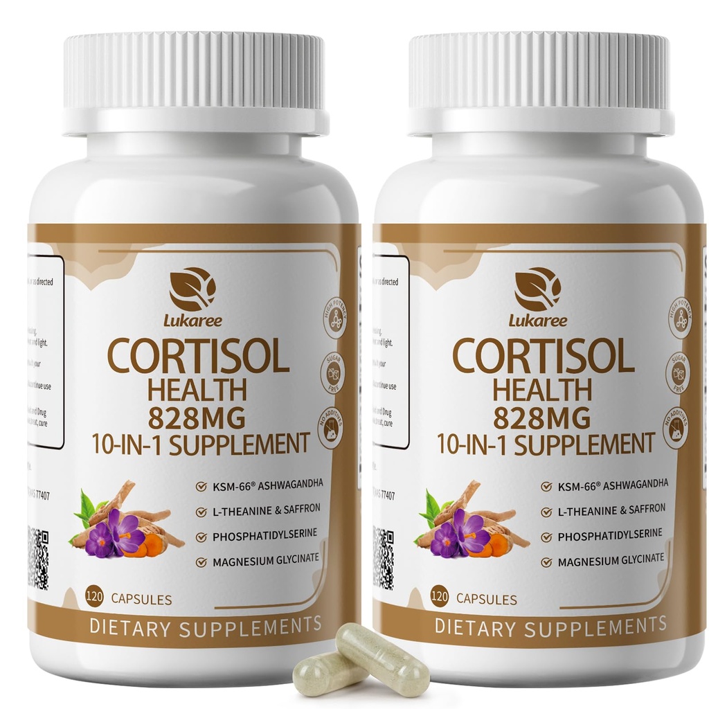 10-IN-1 Cortisol Integratori con Magnesio, Ashwagandha, Camomilla, L-teanina, Fosfatidilserine, St. John's wort, Astragalus, Vitamina C & D3, Per Uomini Donne, 240 capsule vegane per 4 mesi, Non OGM